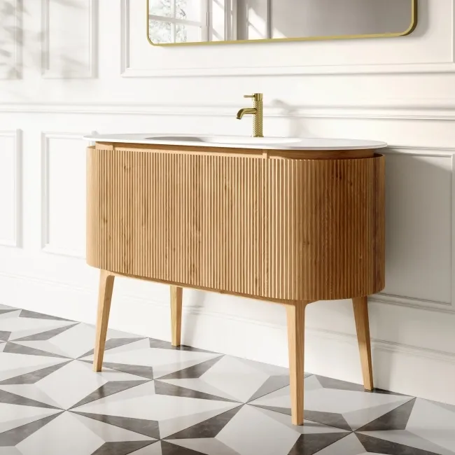Positano Natural Oak Curved Vanity Unit & Matt White Stone Basin 1200mm
