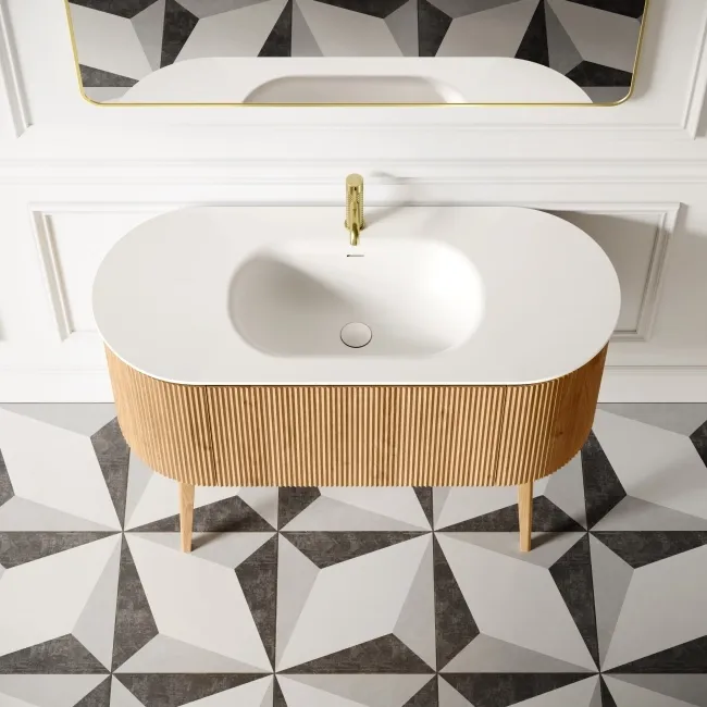 Positano Natural Oak Curved Vanity Unit & Matt White Stone Basin 1200mm