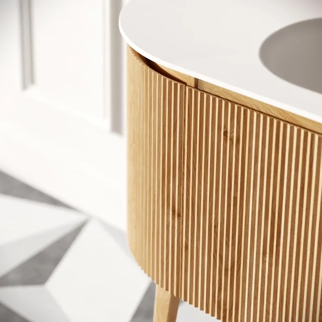 Positano Natural Oak Curved Vanity Unit & Matt White Stone Basin 1200mm