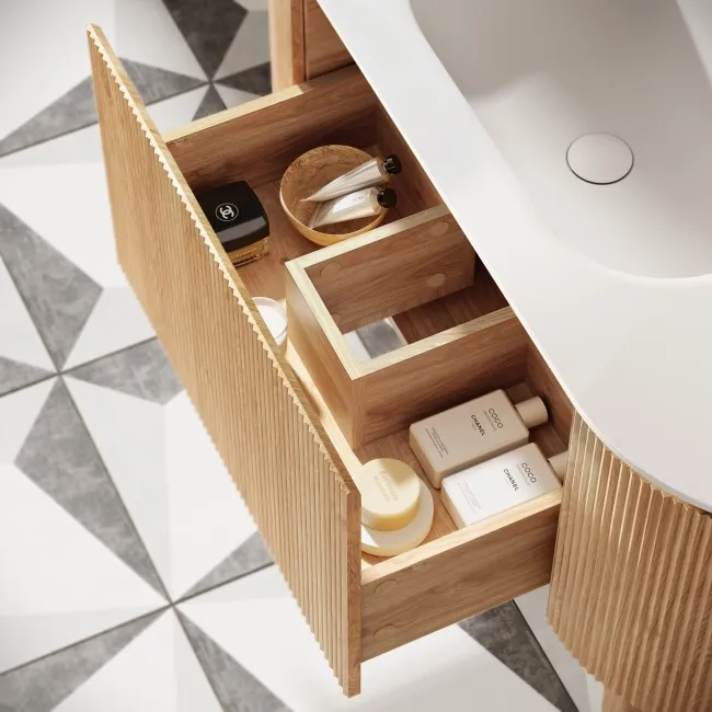 Positano Natural Oak Curved Vanity Unit & Matt White Stone Basin 1200mm
