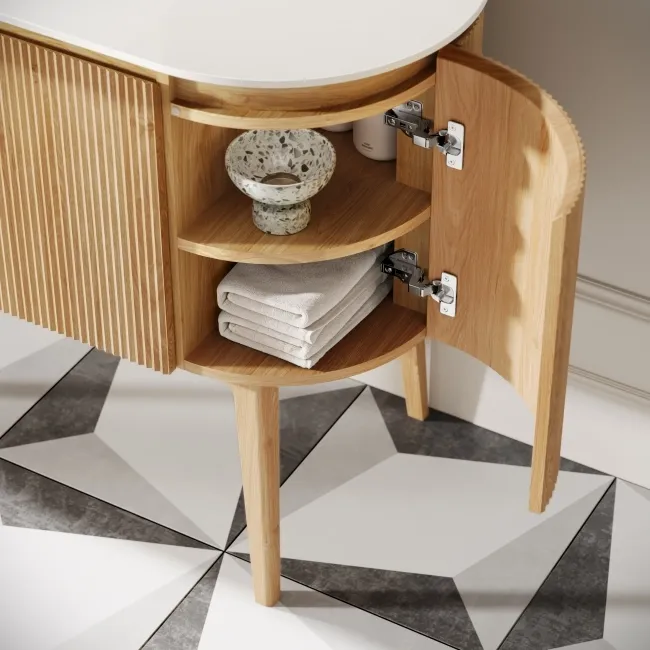 Positano Natural Oak Curved Vanity Unit & Matt White Stone Basin 1200mm