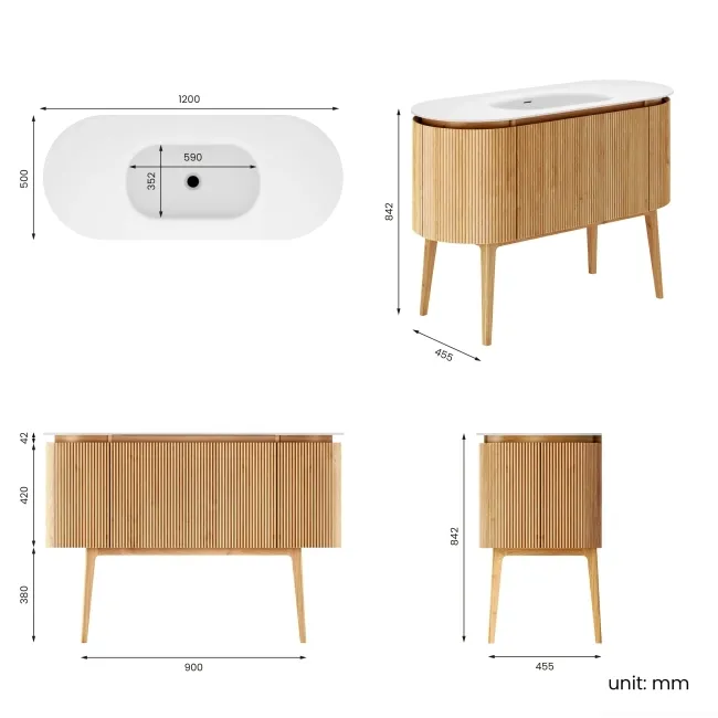 Positano Natural Oak Curved Vanity Unit & Matt White Stone Basin 1200mm