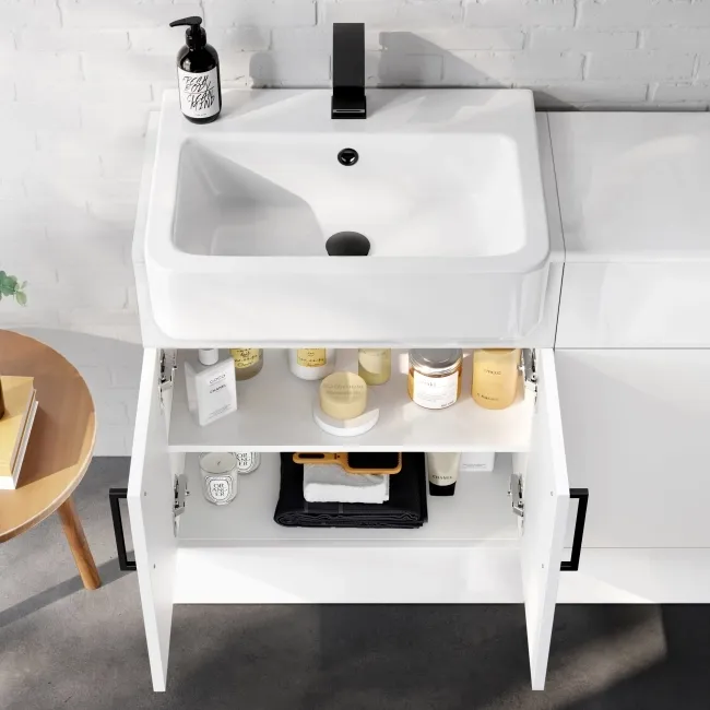 100% Waterproof - Harper Gloss White PVC Basin Vanity and Back To Wall Toilet Unit 1200mm (Excludes Toilet) - Black Accents