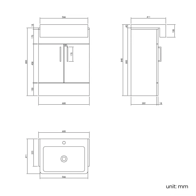 100% Waterproof - Harper Gloss White PVC Vanity with Semi Recessed Basin 600mm - Brushed Brass Accents