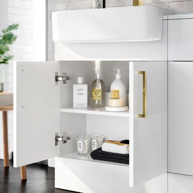 100% Waterproof - Harper Gloss White PVC Basin Vanity and Back To Wall Toilet Unit 1200mm (Excludes Toilet) - Brushed Brass Accents