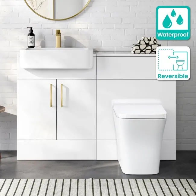 100% Waterproof - Harper Gloss White PVC Combination Vanity Basin and Houston Toilet 1200mm - Brushed Brass Accents