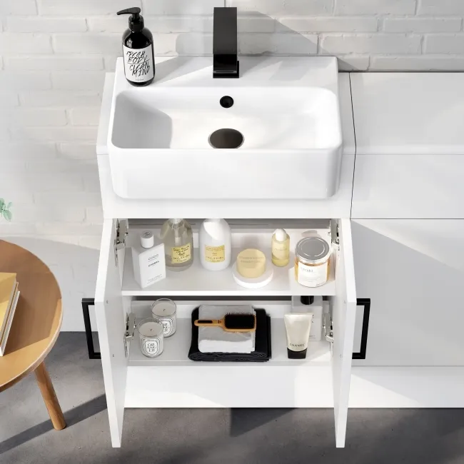 100% Waterproof - Harper Gloss White PVC Basin Vanity and Back To Wall Toilet Unit 1000mm (Excludes Toilet) - Black Accents