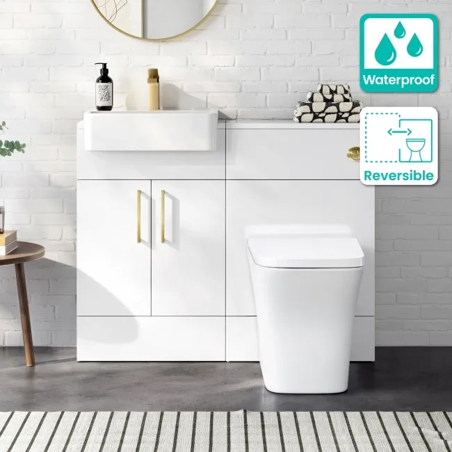 100% Waterproof - Harper Gloss White PVC Combination Vanity Basin & Houston Toilet 1000mm - Brushed Brass Accents