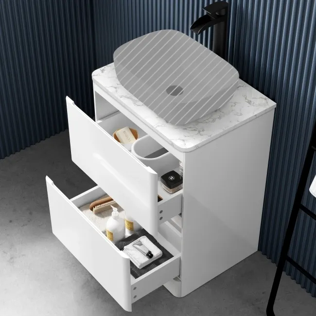 100% Waterproof - Corsica Gloss White PVC Drawer Vanity with Marble Top 600mm (Excludes Counter Top Basin)
