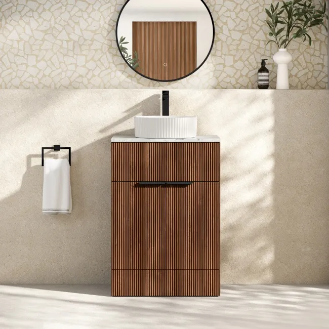Havana Fluted Black Walnut Cabinet with Marble Top & Nevis Basin 600mm - Black Accents