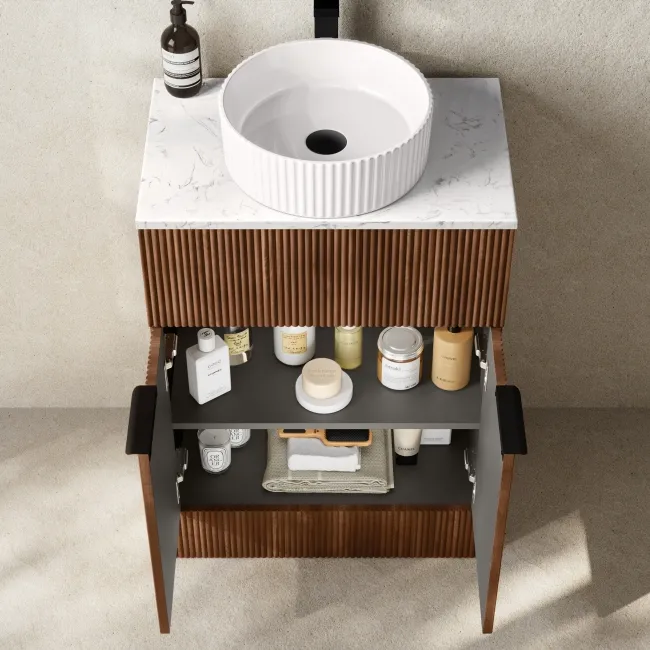 Havana Fluted Black Walnut Cabinet with Marble Top & Nevis Basin 600mm - Black Accents