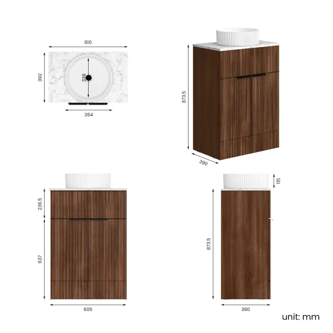 Havana Fluted Black Walnut Cabinet with Marble Top & Nevis Basin 600mm - Black Accents
