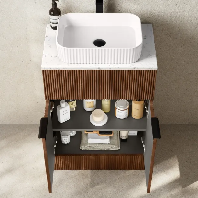Havana Fluted Black Walnut Cabinet with Marble Top & Reno Basin 600mm - Black Accents