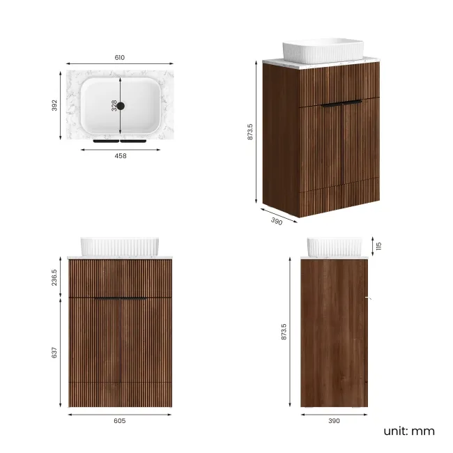Havana Fluted Black Walnut Cabinet with Marble Top & Reno Basin 600mm - Black Accents
