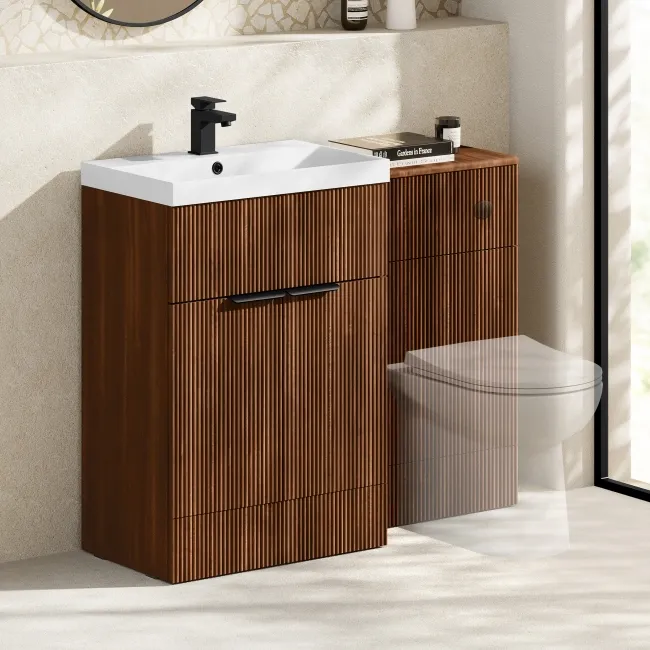 Havana Fluted Black Walnut Basin Vanity and Back To Wall Toilet Unit 1100mm (Excludes Toilet) - Black Accents