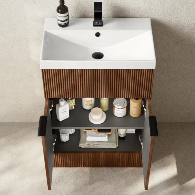 Havana Fluted Black Walnut Basin Vanity and Back To Wall Toilet Unit 1100mm (Excludes Toilet) - Black Accents