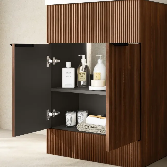 Havana Fluted Black Walnut Basin Vanity and Back To Wall Toilet Unit 1100mm (Excludes Toilet) - Black Accents