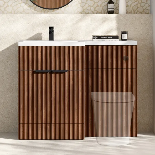 Havana Fluted Black Walnut Basin Vanity and Back To Wall Toilet Unit 1100mm (Excludes Toilet) - Black Accents - Left Handed