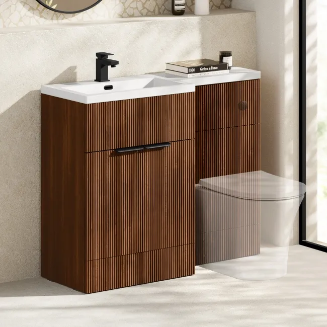 Havana Fluted Black Walnut Basin Vanity and Back To Wall Toilet Unit 1100mm (Excludes Toilet) - Black Accents - Left Handed