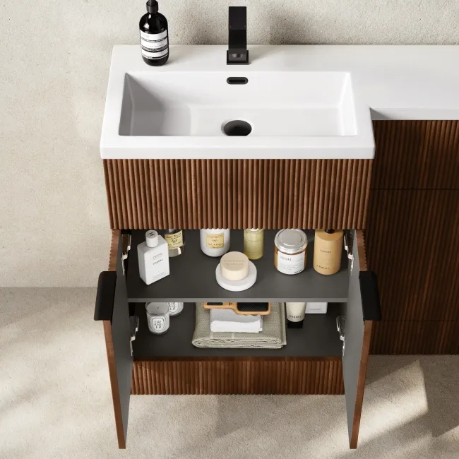 Havana Fluted Black Walnut Basin Vanity and Back To Wall Toilet Unit 1100mm (Excludes Toilet) - Black Accents - Left Handed