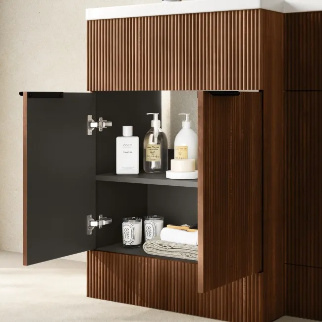 Havana Fluted Black Walnut Basin Vanity and Back To Wall Toilet Unit 1100mm (Excludes Toilet) - Black Accents - Left Handed