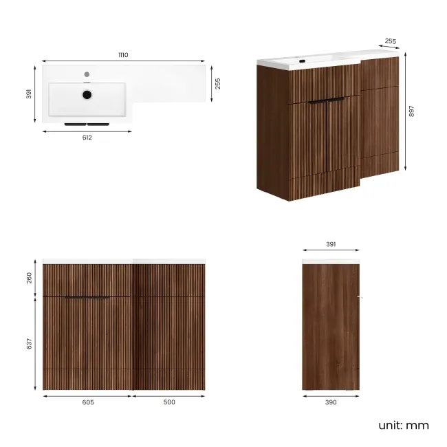 Havana Fluted Black Walnut Basin Vanity and Back To Wall Toilet Unit 1100mm (Excludes Toilet) - Black Accents - Left Handed