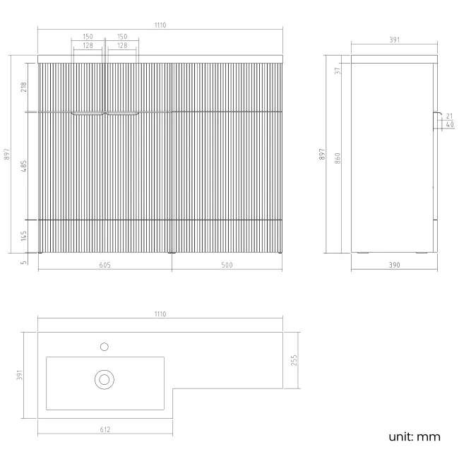 Havana Fluted Black Walnut Basin Vanity and Back To Wall Toilet Unit 1100mm (Excludes Toilet) - Black Accents - Left Handed