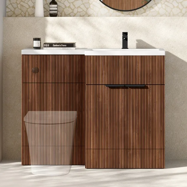 Havana Fluted Black Walnut Basin Vanity and Back To Wall Toilet Unit 1100mm (Excludes Toilet) - Black Accents - Right Handed