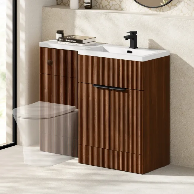 Havana Fluted Black Walnut Basin Vanity and Back To Wall Toilet Unit 1100mm (Excludes Toilet) - Black Accents - Right Handed