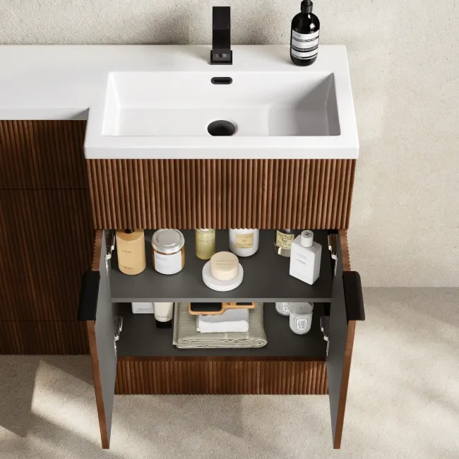 Havana Fluted Black Walnut Basin Vanity and Back To Wall Toilet Unit 1100mm (Excludes Toilet) - Black Accents - Right Handed