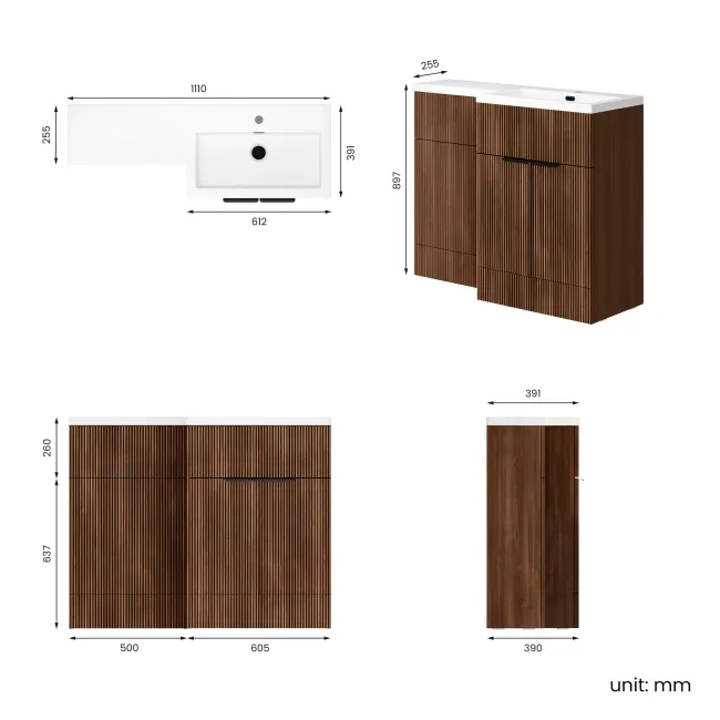 Havana Fluted Black Walnut Basin Vanity and Back To Wall Toilet Unit 1100mm (Excludes Toilet) - Black Accents - Right Handed