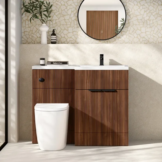 Havana Fluted Black Walnut Combination Vanity Basin and Utah Comfort Height Toilet 1100mm - Black Accents - Right Handed