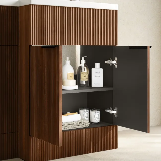 Havana Fluted Black Walnut Combination Vanity Basin and Utah Comfort Height Toilet 1100mm - Black Accents - Right Handed