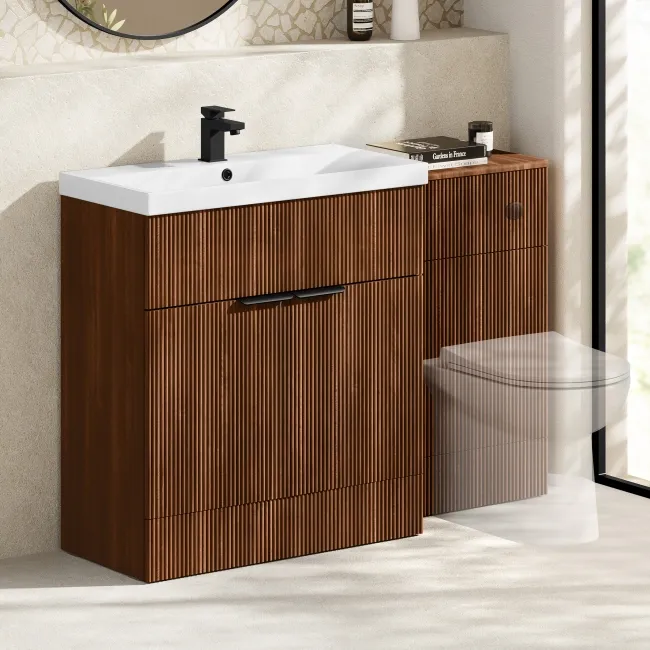 Havana Fluted Black Walnut Basin Vanity and Back To Wall Toilet Unit 1300mm (Excludes Toilet) - Black Accents