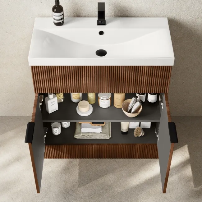 Havana Fluted Black Walnut Basin Vanity and Back To Wall Toilet Unit 1300mm (Excludes Toilet) - Black Accents