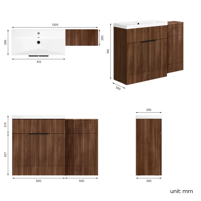 Havana Fluted Black Walnut Basin Vanity and Back To Wall Toilet Unit 1300mm (Excludes Toilet) - Black Accents
