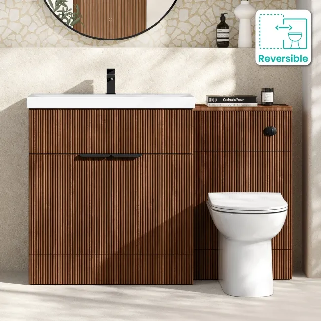 Havana Fluted Black Walnut Combination Vanity Basin and Aruba Toilet 1300mm - Black Accents