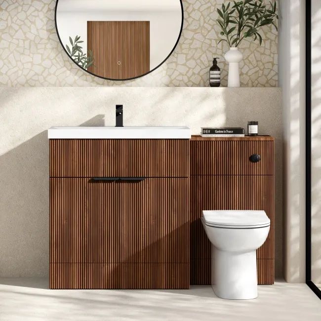 Havana Fluted Black Walnut Combination Vanity Basin and Aruba Toilet 1300mm - Black Accents