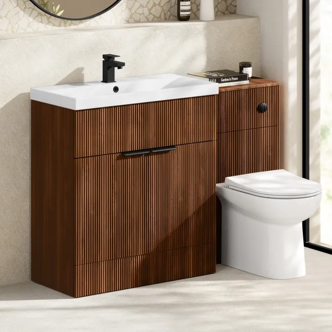Havana Fluted Black Walnut Combination Vanity Basin and Aruba Toilet 1300mm - Black Accents