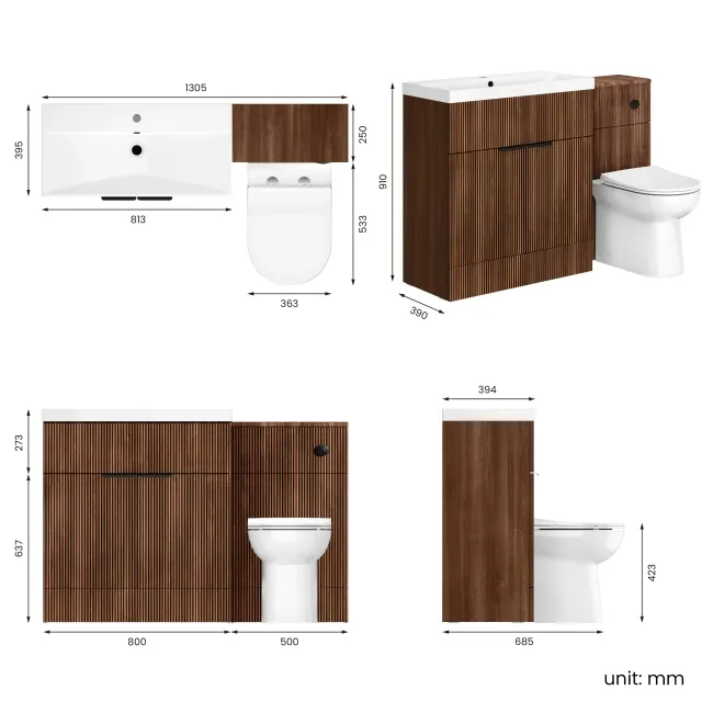 Havana Fluted Black Walnut Combination Vanity Basin and Aruba Toilet 1300mm - Black Accents