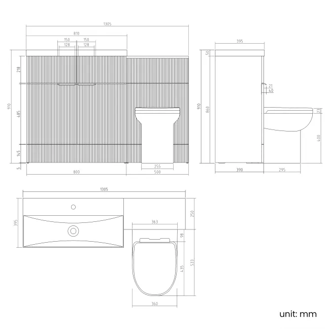 Havana Fluted Black Walnut Combination Vanity Basin and Aruba Toilet 1300mm - Black Accents