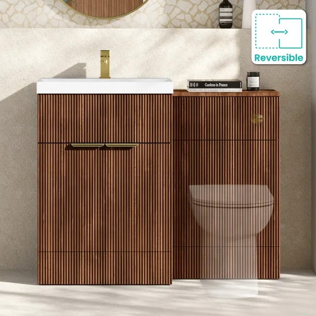 Havana Fluted Black Walnut Basin Vanity and Back To Wall Toilet Unit 1100mm (Excludes Toilet) - Brushed Brass Accents
