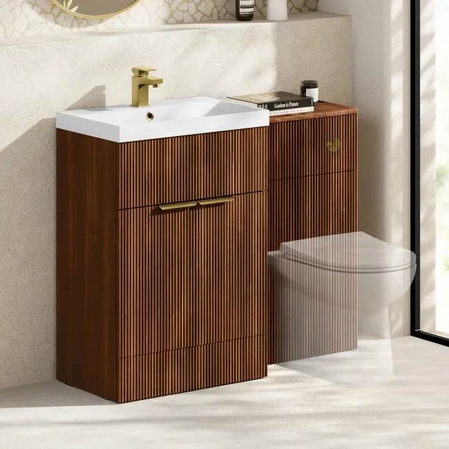 Havana Fluted Black Walnut Basin Vanity and Back To Wall Toilet Unit 1100mm (Excludes Toilet) - Brushed Brass Accents