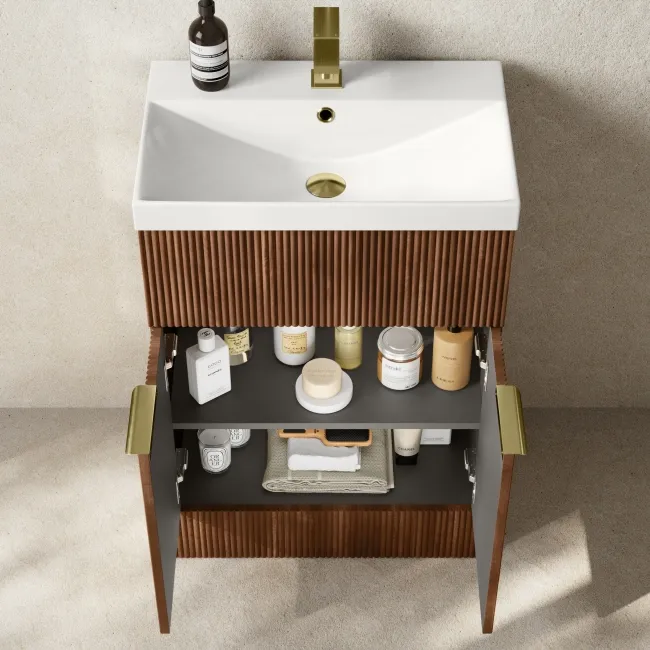 Havana Fluted Black Walnut Basin Vanity and Back To Wall Toilet Unit 1100mm (Excludes Toilet) - Brushed Brass Accents