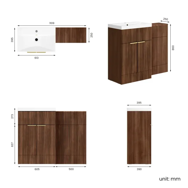 Havana Fluted Black Walnut Basin Vanity and Back To Wall Toilet Unit 1100mm (Excludes Toilet) - Brushed Brass Accents