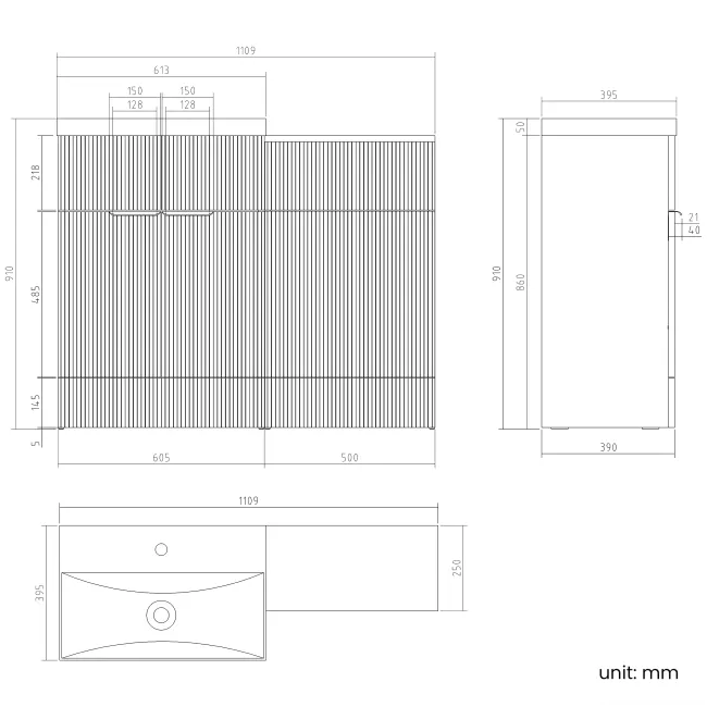 Havana Fluted Black Walnut Basin Vanity and Back To Wall Toilet Unit 1100mm (Excludes Toilet) - Brushed Brass Accents