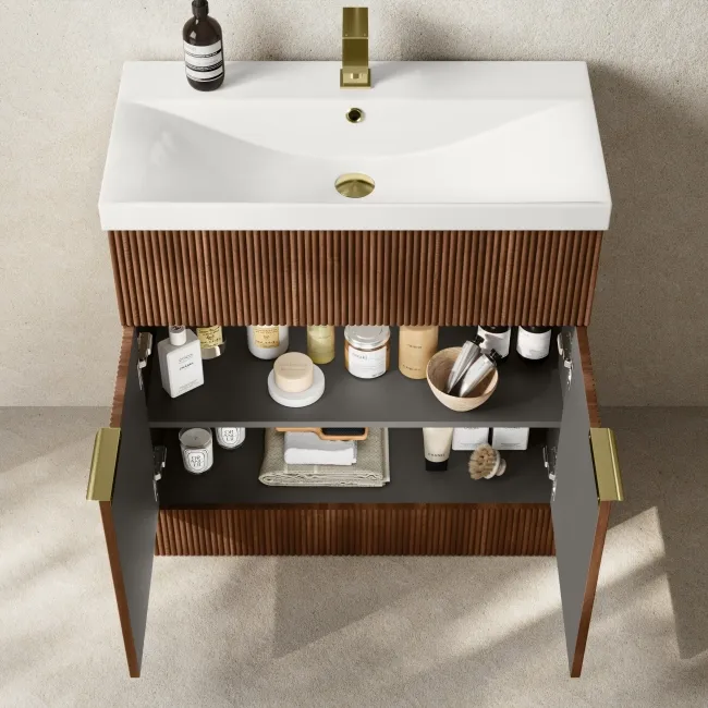 Havana Fluted Black Walnut Basin Vanity and Back To Wall Toilet Unit 1300mm (Excludes Toilet) - Brushed Brass Accents