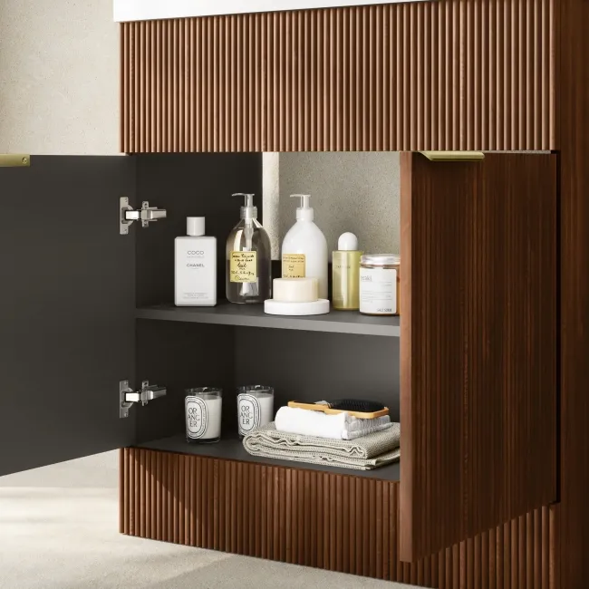 Havana Fluted Black Walnut Basin Vanity and Back To Wall Toilet Unit 1300mm (Excludes Toilet) - Brushed Brass Accents