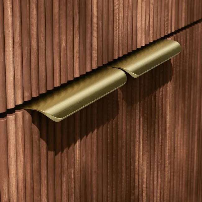 Havana Fluted Black Walnut Basin Vanity and Back To Wall Toilet Unit 1300mm (Excludes Toilet) - Brushed Brass Accents