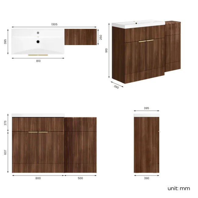 Havana Fluted Black Walnut Basin Vanity and Back To Wall Toilet Unit 1300mm (Excludes Toilet) - Brushed Brass Accents